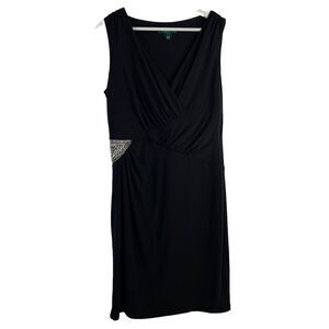 Lauren Ralph Lauren Size 12 LBD V-Neck Sleeveless Ruched Dress Stretch Bling